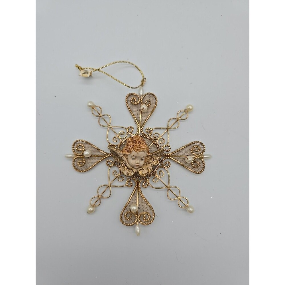 Vintage Fontanini Cherub Ornament #56285 NIB Cherub On A Gold Snowflake